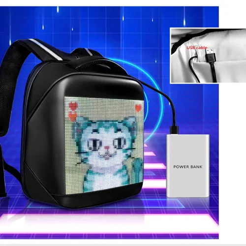 LED backpack with external battery.